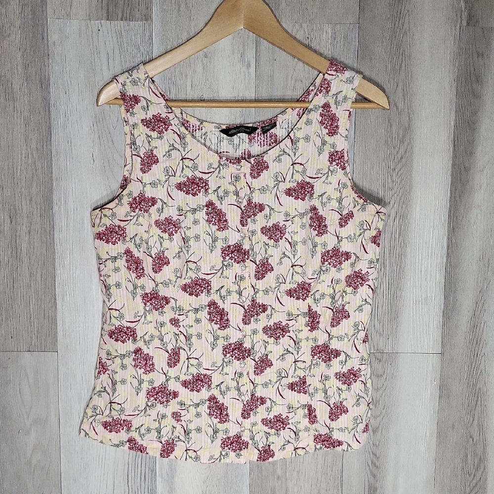 Eddie Bauer Womens Medium Seersucker Sleeveless Blouse Tank Floral Cotton Spring